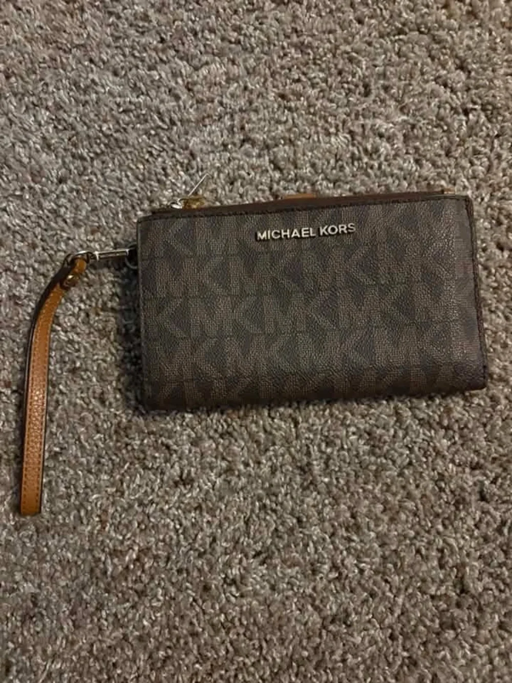 Michael Kors Dark Brown Wristlet Wallet with Tan Strap